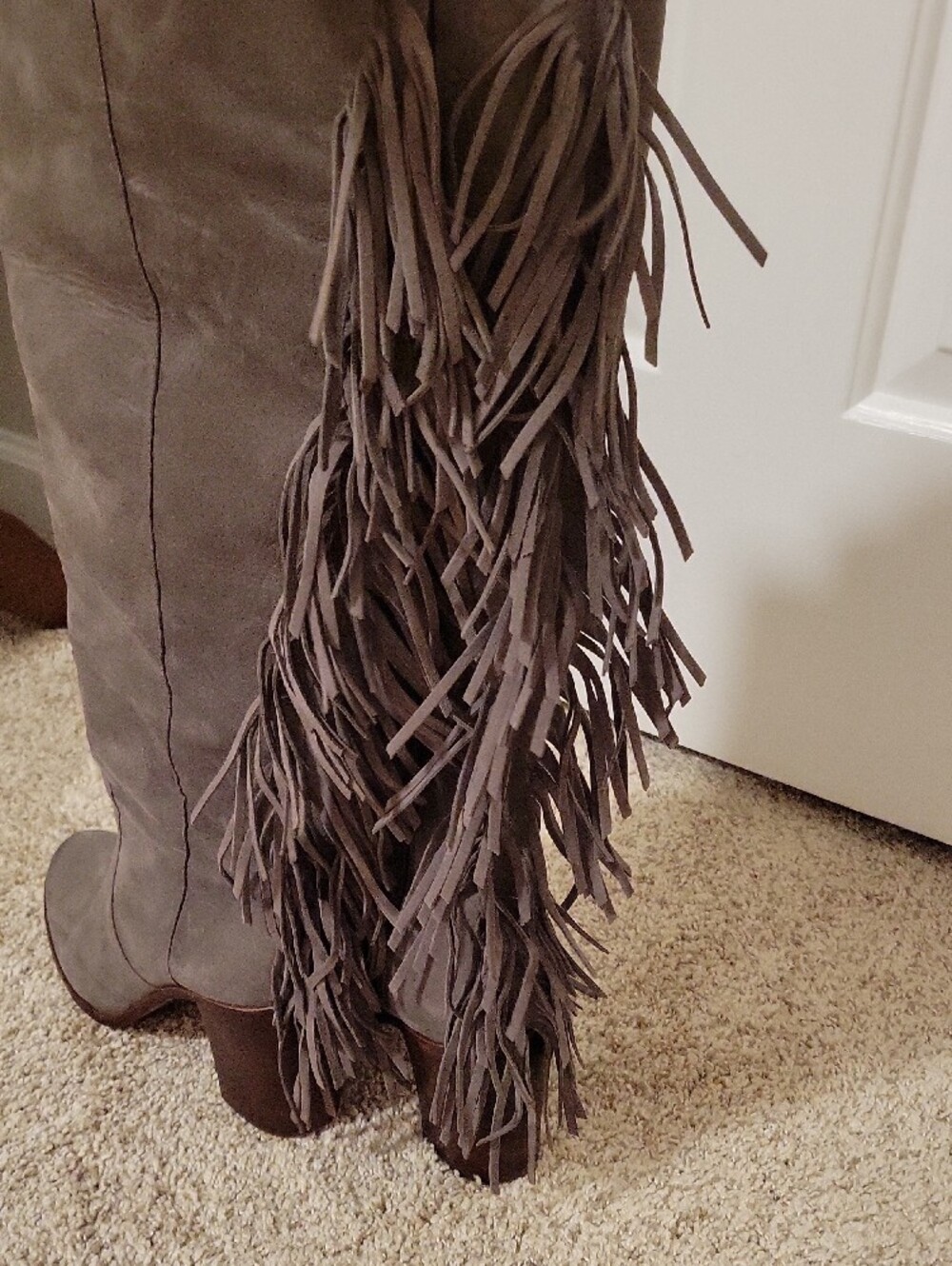 Gianni Bini Gray Fringe Knee-High Heeled Leather Boots - Picture 6 of 6